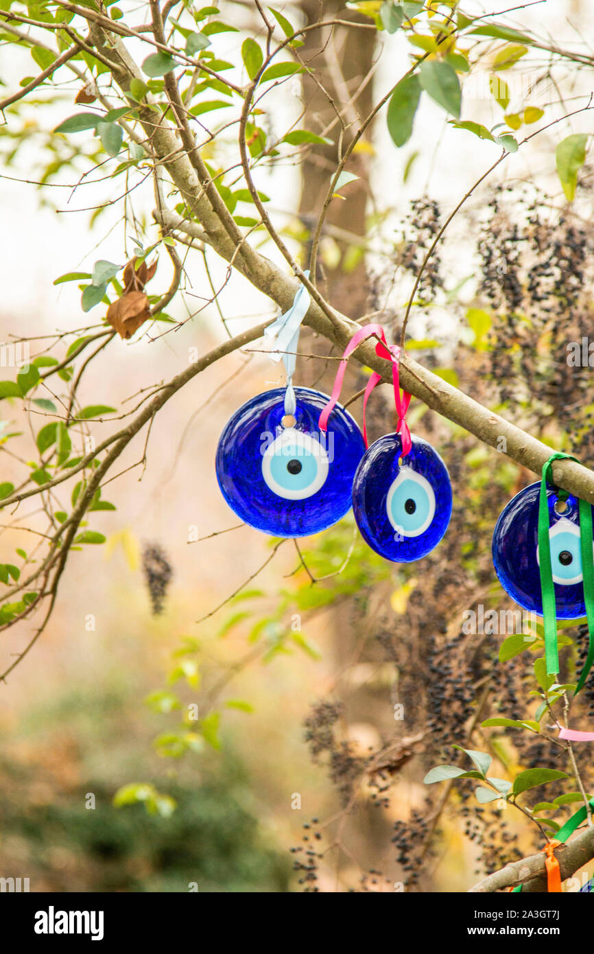 Die Zweige der alten Baum dekoriert mit dem Auge-geformten Amulette - Nazars, aus blauem Glas und geglaubt, gegen den bösen Blick in Göreme zu schützen. Stockfoto