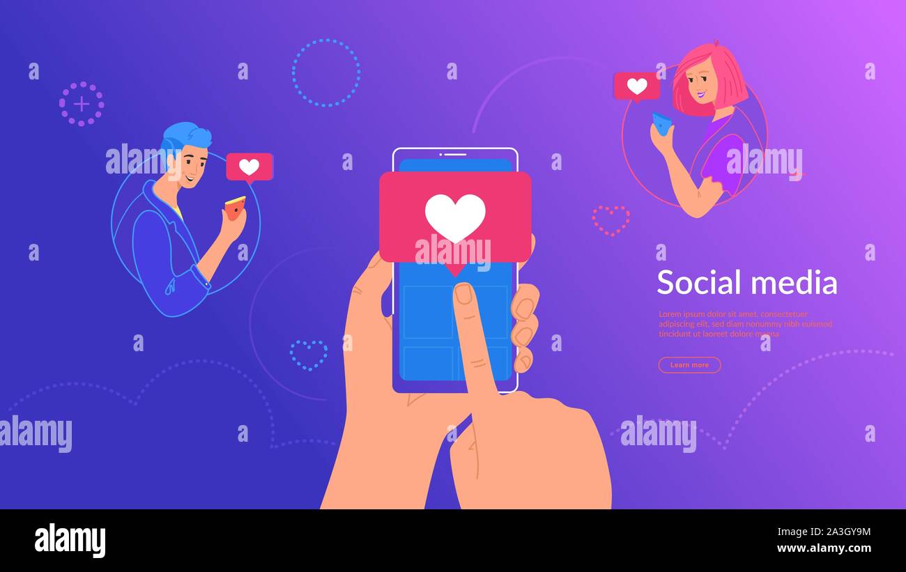 Drücken Sie auf die Schaltfläche für die Umbuchung und mit mehr mag Konzept gradient Vector Illustration des menschlichen Händen halten Smart Phones und das Herz drücken Sie b Stock Vektor