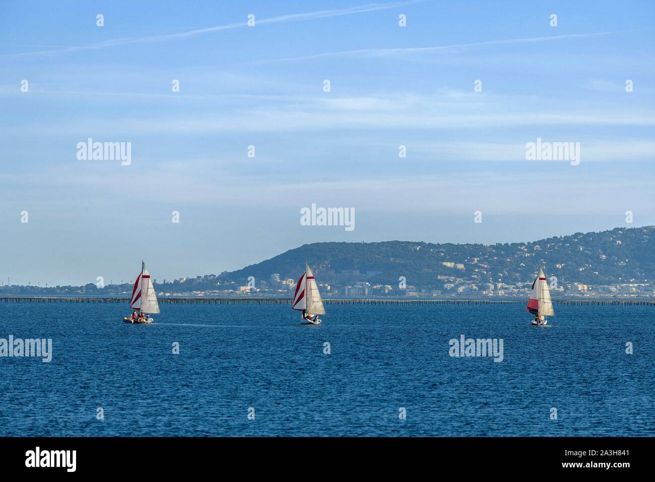 Frankreich, Herault, Marseillan, Segelboote mit dem Mont Saint Clair im Hintergrund Stockfoto