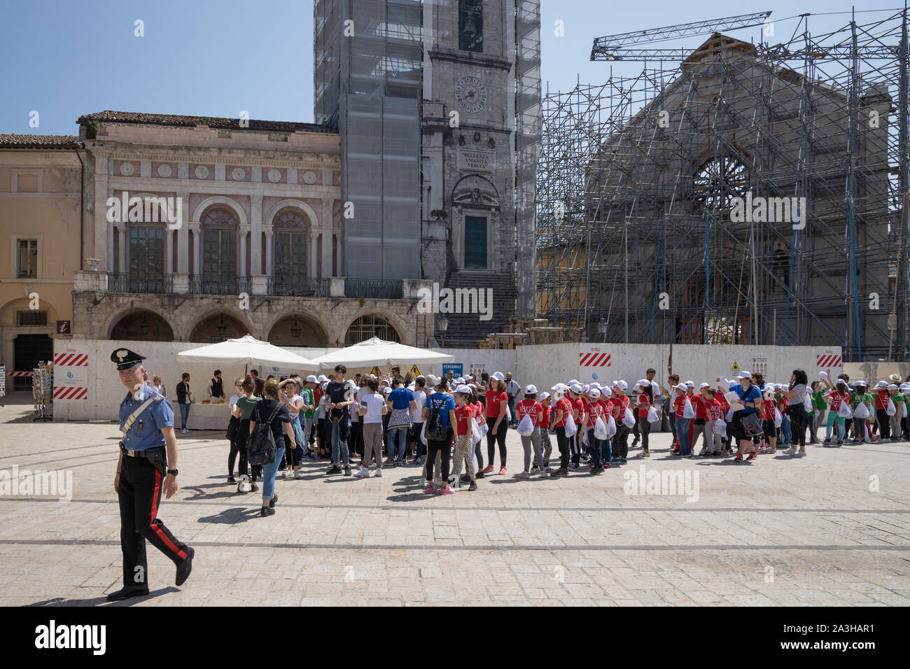 Piazza San Benedetto mit Erdbeben, Umbrien, Italien Stockfoto