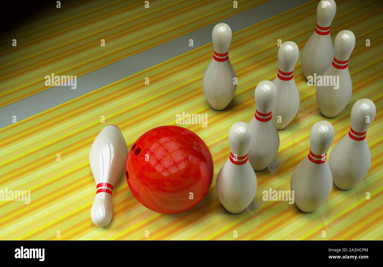 Bowling Hintergrund mit Kegeln und einen Ball auf die Spur. Stockfoto