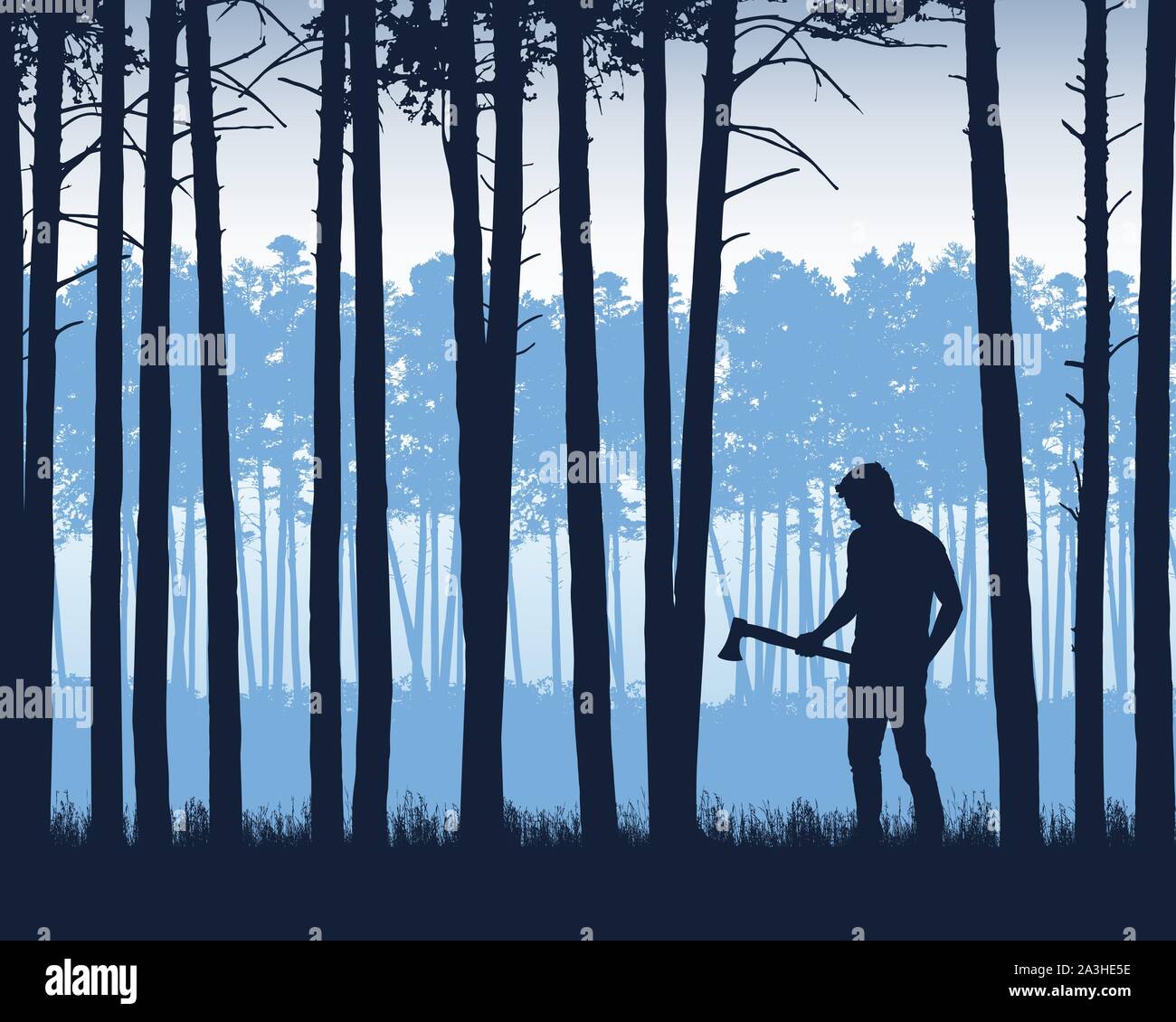 Realistische Darstellung der Landschaft mit Nadelwald mit Pinien unter blauem Himmel. Mann mit Axt oder Holzfäller steht in Gras-Vektor Stock Vektor