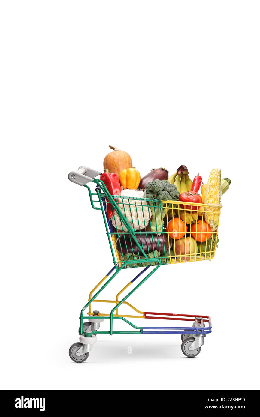 Klein Warenkorb mit Obst und Gemüse auf weißem Hintergrund Stockfoto