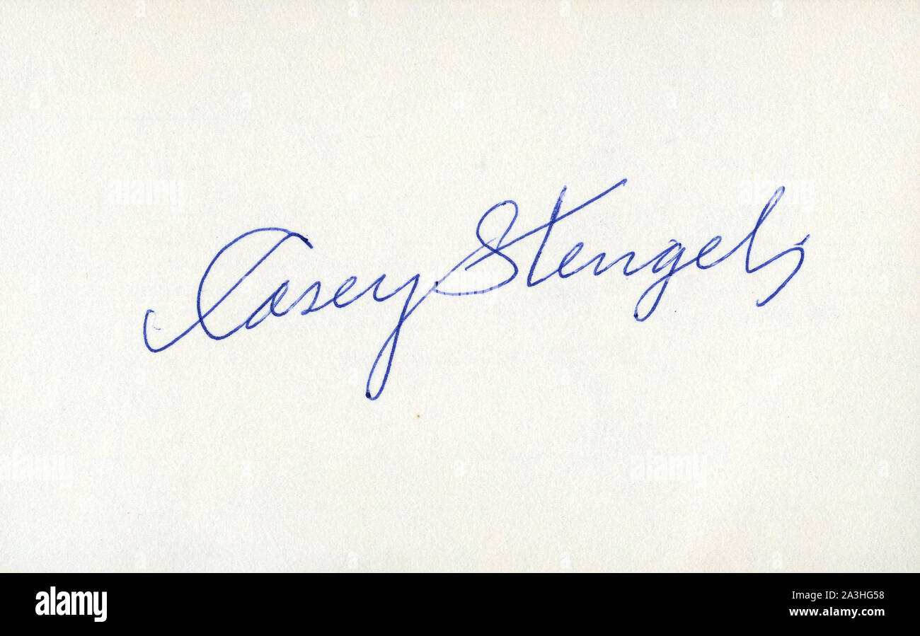 Autogramm pf der Hall of Fame New York Yankees und Mets Baseball manager Casey Stengel. Stockfoto