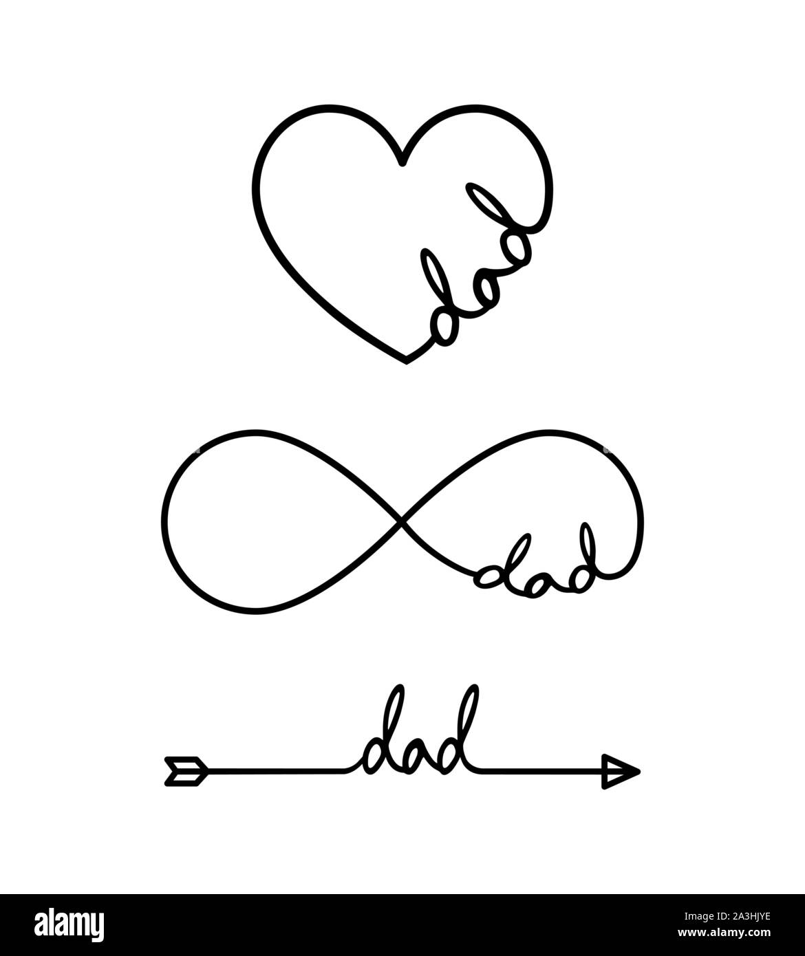 Dad - Wort mit Infinity Symbol, Hand gezeichnet Herz, ein schwarzer Pfeil Linie. Minimalistischer Zeichnung der Phrase Abbildung Stock Vektor