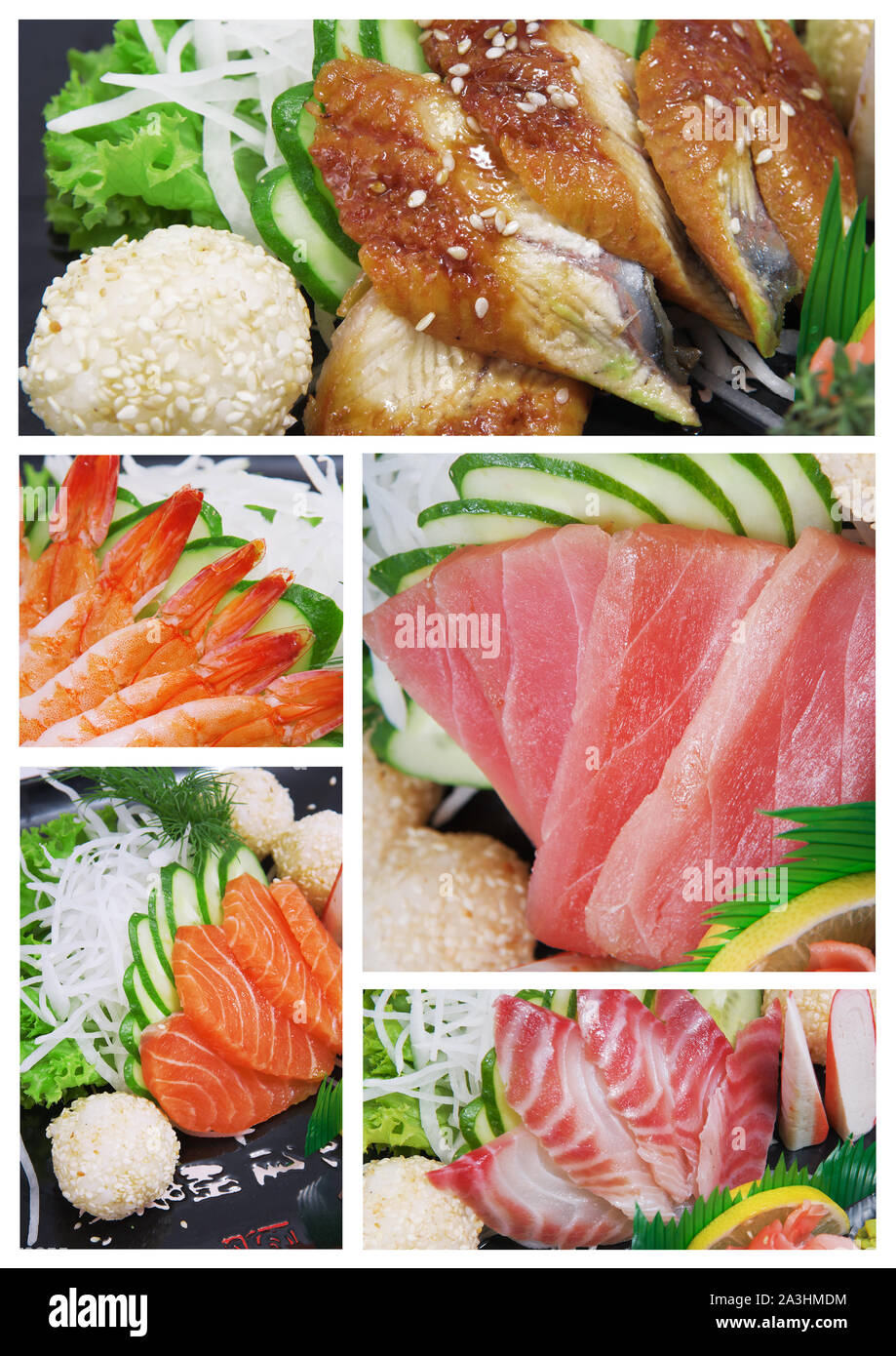 Collage von Sashimi Garnelen, Aal, Thunfisch, Lachs Stockfoto