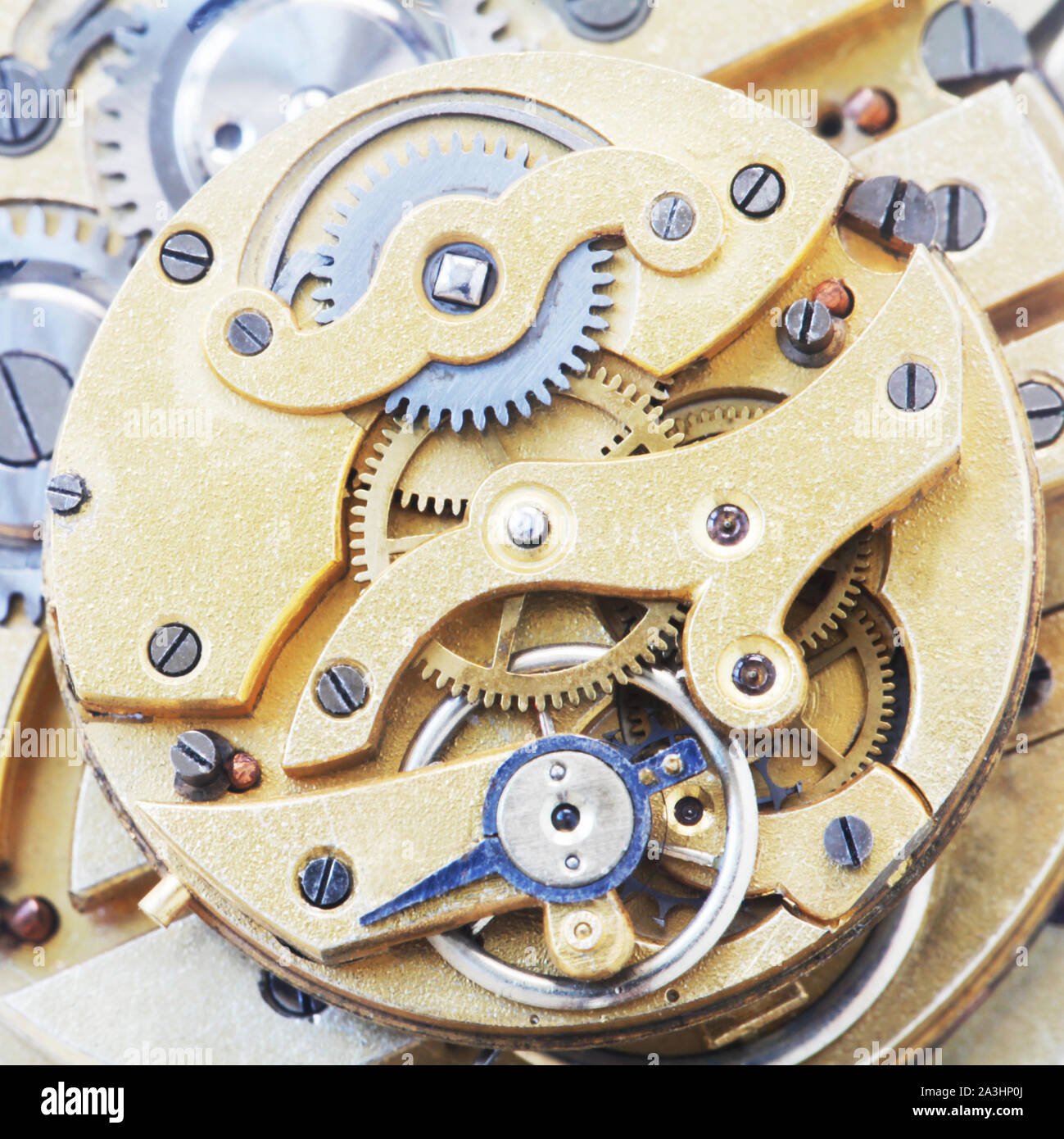 Blick von oben auf ein mechanisches Uhrwerk Stockfoto