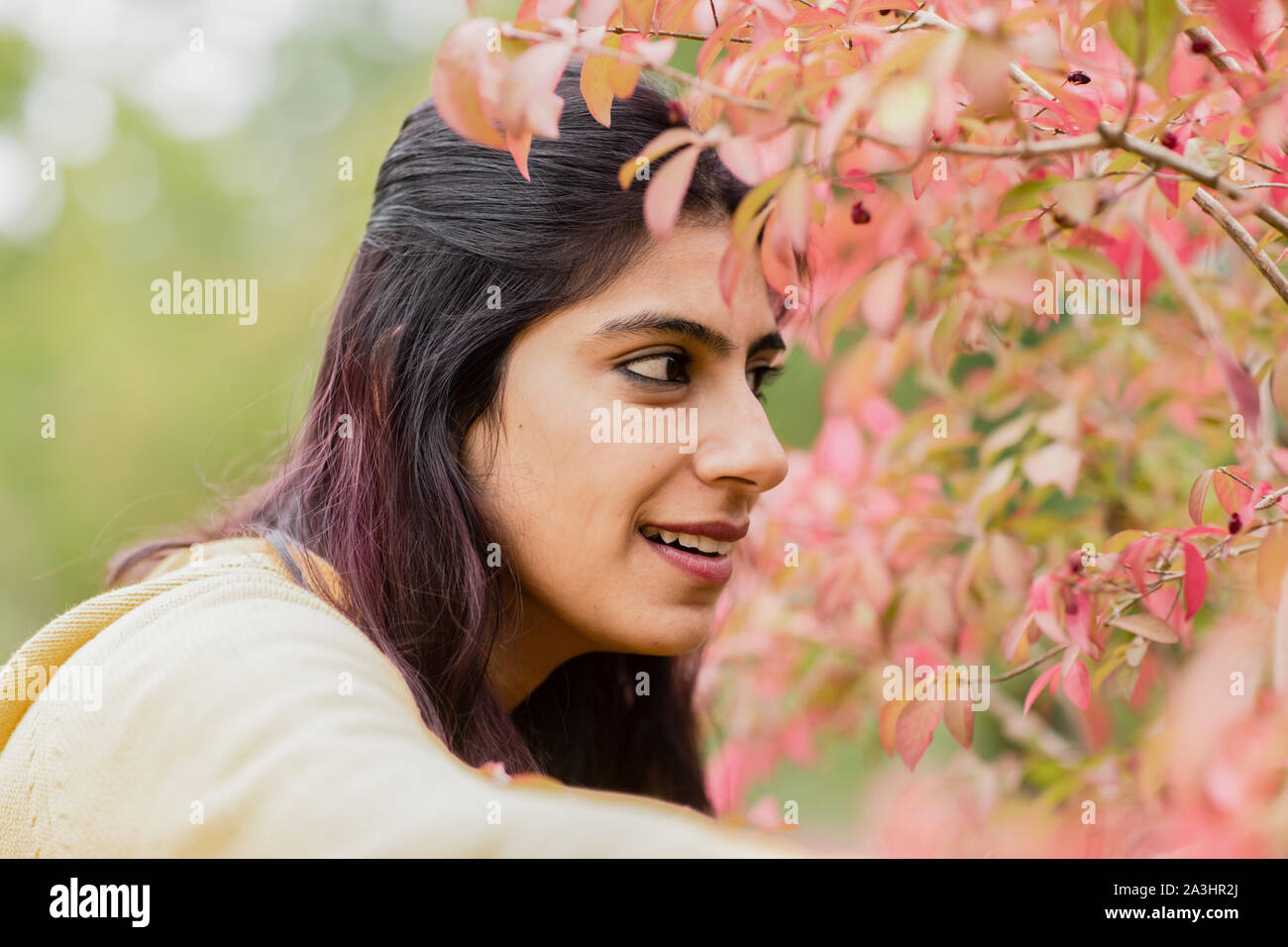 Junge Frau draußen vor der roten Blätter Stockfoto