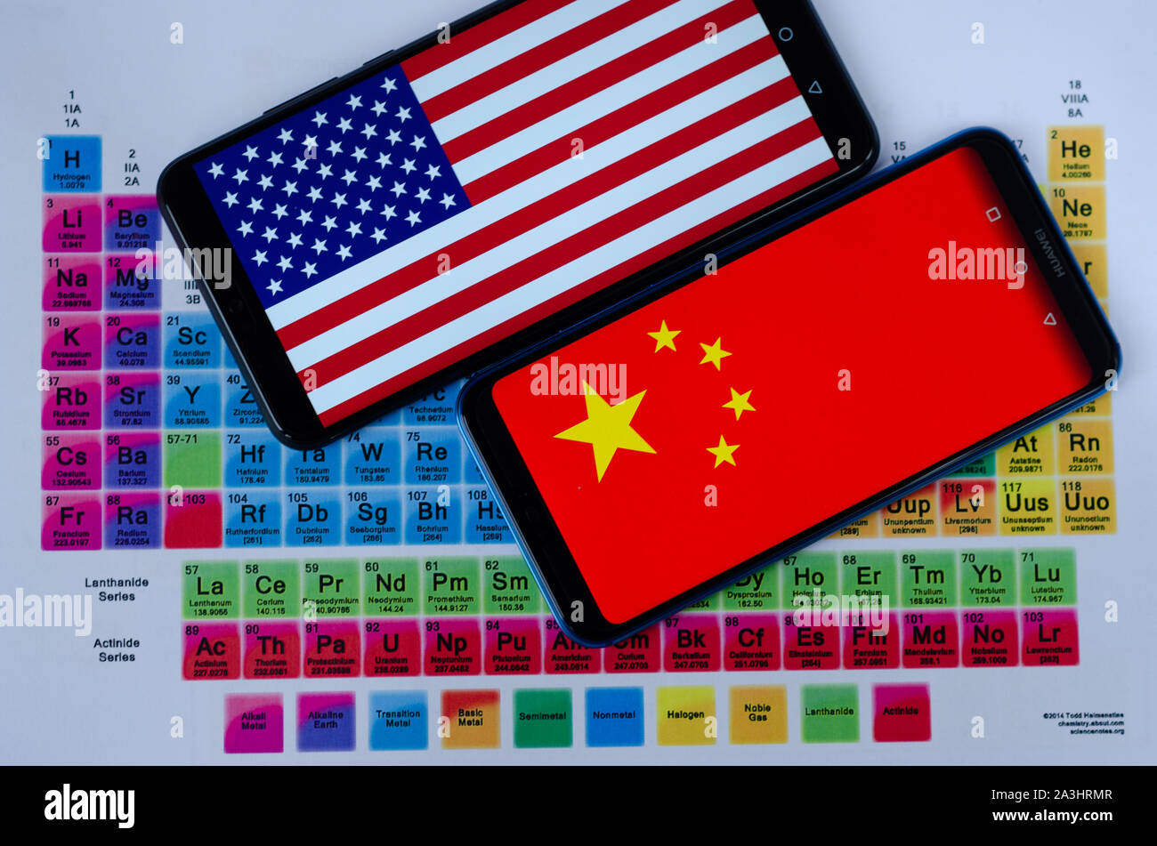 Das Foto von USA und China Flaggen auf Huawei smartphones, die Verlegung auf dem Periodensystem um die Gruppen der seltenen Erden sind. Konzeptionell. Stockfoto
