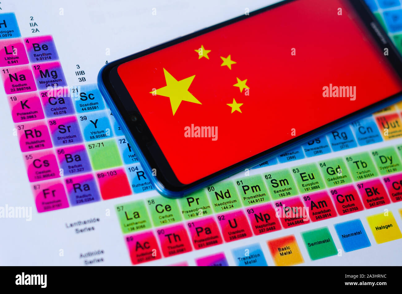 Das Foto von China Flagge auf Huawei smartphone, das auf dem Periodensystem um die Gruppen der Seltenen Erden. Konzept für einen Handelskrieg. Stockfoto