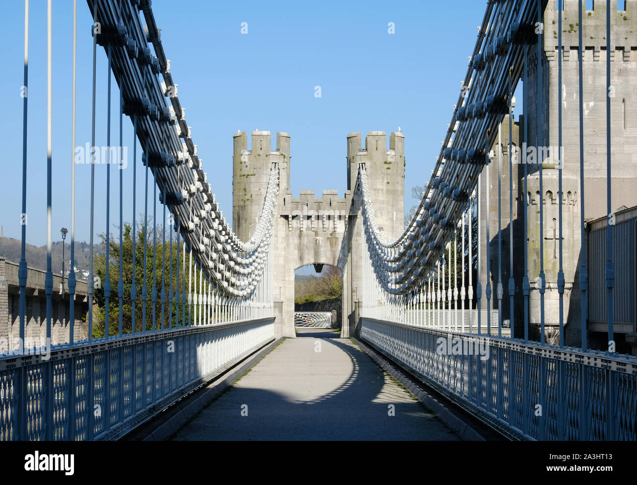 Conwy Suspension Bridge in Nord Wales Stockfoto