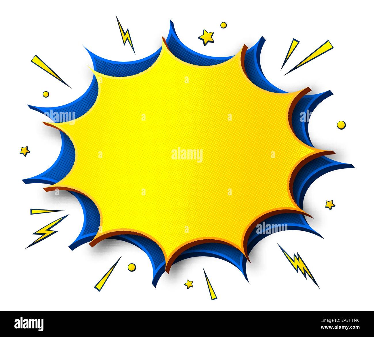 Comics Hintergrund. Cartoon Poster im Pop Art Stil mit gelb-blau Sprechblasen mit Halbton- und Soundeffekten. Lustig bunte Banner mit Platz f Stock Vektor