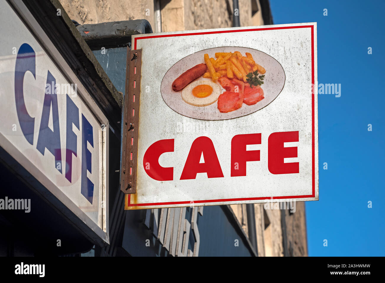 Äußere Zeichen eine schmierige Spoon Café in Edinburgh, Schottland, Großbritannien. Stockfoto