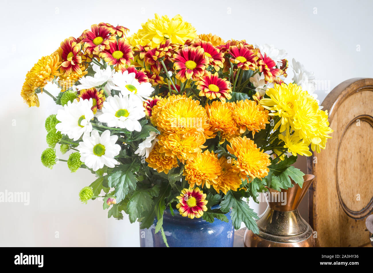 Eine Sammlung von spray Chrysanthemen in einer blauen Vase im Innenbereich bieten saisonale Dekoration in Stockfoto