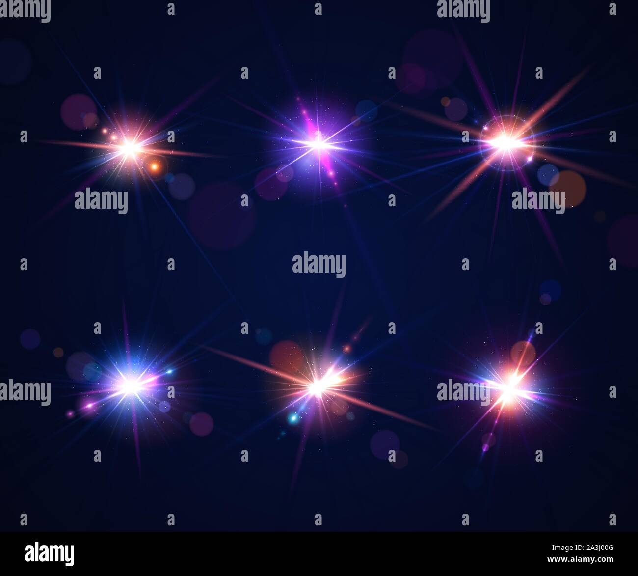 Glühende Lens Flares. Reihe von schönen Blendeffekte mit Bokeh, glitter Teilchen und Strahlen. Funkelndes licht Effekte von Flash mit bunten Funkeln. Sh Stock Vektor