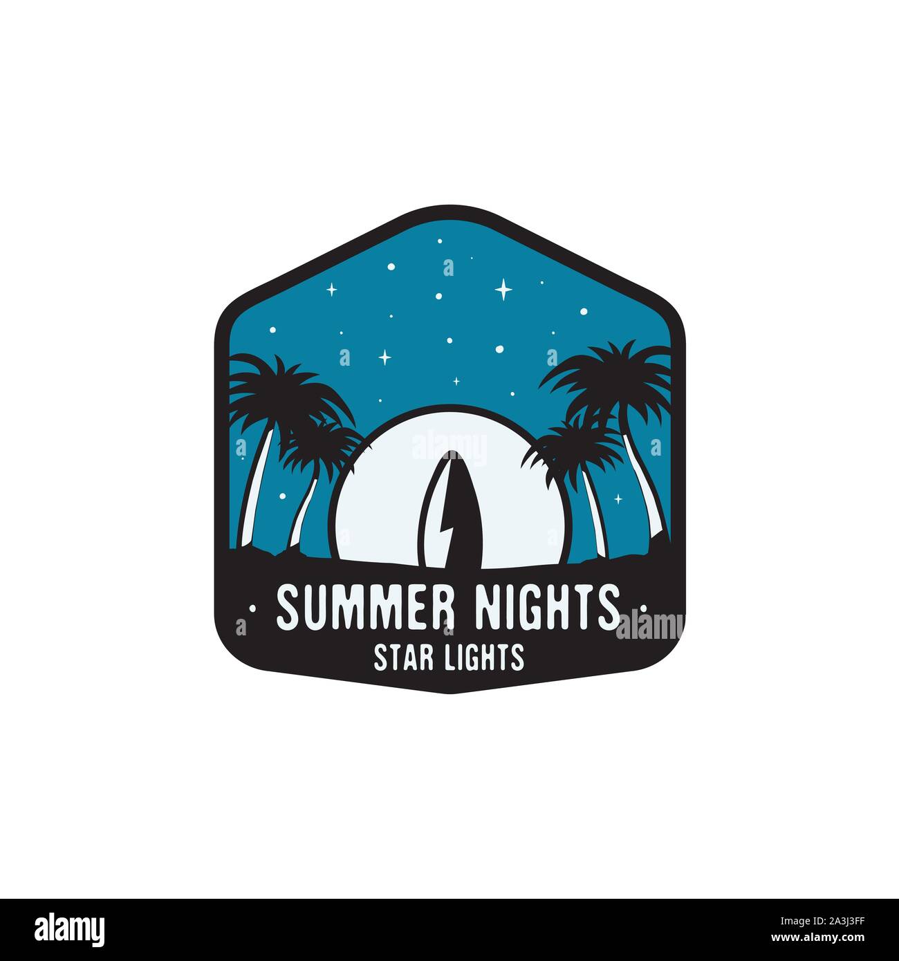 Jahrgang Hand gezeichnet surfen Abzeichen und Reisen Konzept für Print, t-shirt, Poster. Strand mit Palmen und Mond. Retro Sommer logo, ungewöhnliche Abzeichen Stock Vektor