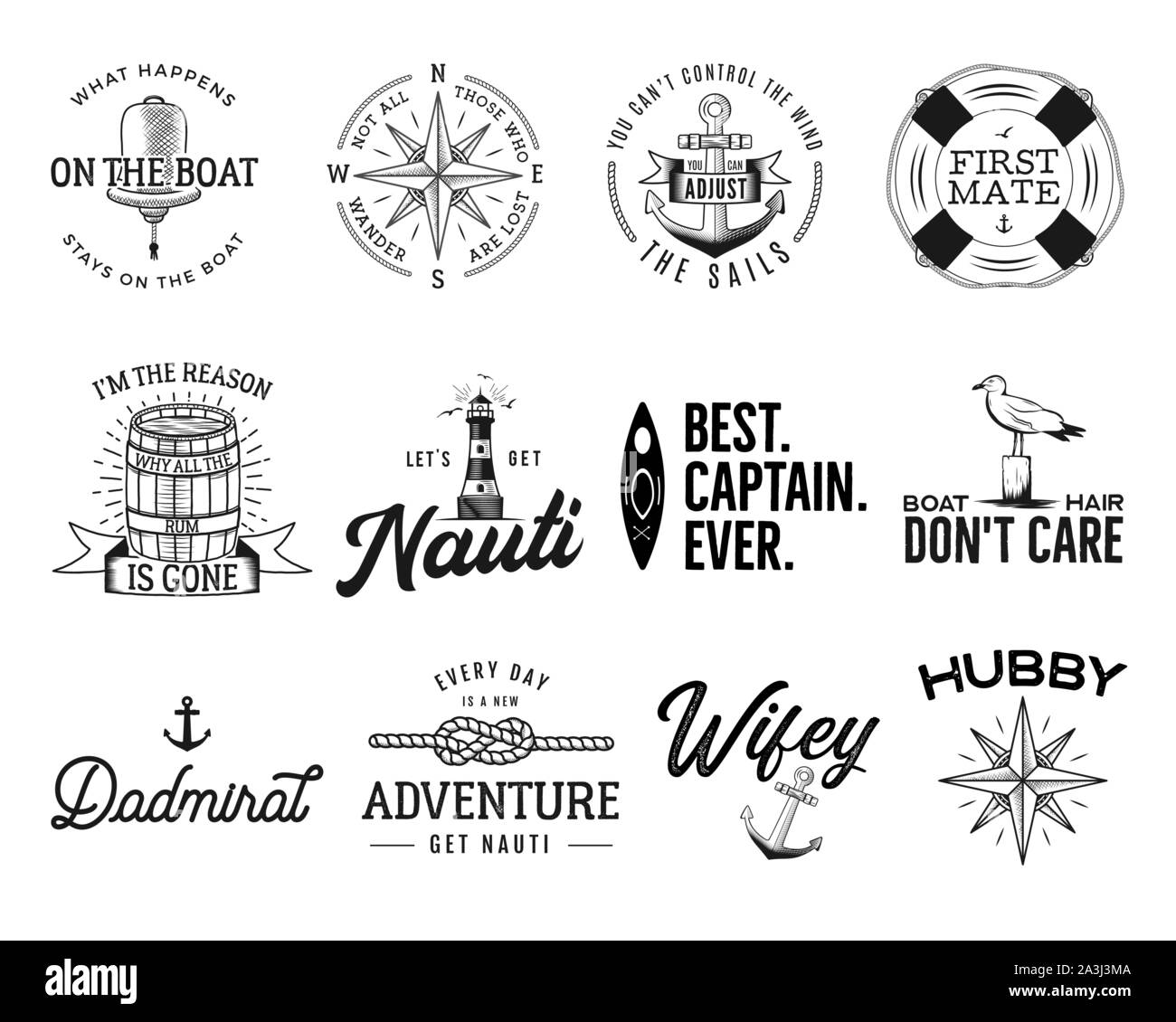 Eingestellt von nautischen Logos, marine Abzeichen, See und Meer Ozean style Quotes mit einem Anker, leben Boje ring, Kompass, Wind Rose und Schiffe Lenkrad Stock Vektor