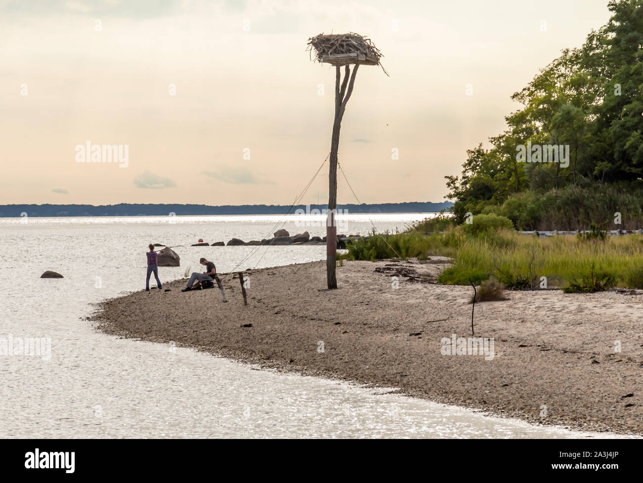 Tow Männer Angeln vom Ufer im Shelter Island, NY Stockfoto