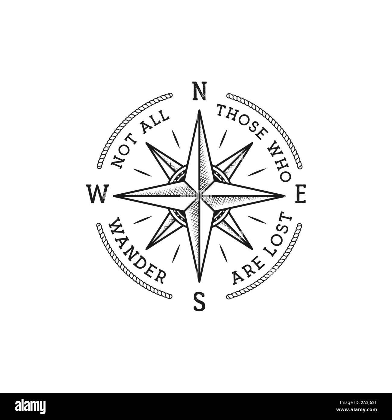 Nautischen Stil vintage wanderlust Print Design für T-Shirts, Logos oder Markenzeichen. Nicht alle, die Wandern sind Typografie mit Wind verloren rose Emblem, Meer Stock Vektor
