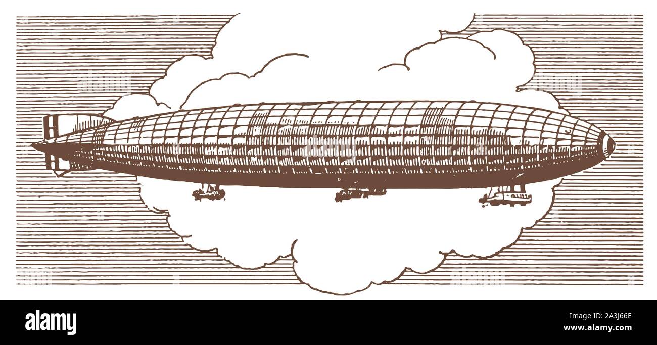 Riesige historische Luftschiff fliegen vor großen Cumuluswolken. Abbildung: Nach einer Lithographie aus dem frühen 20. Jahrhundert Stock Vektor