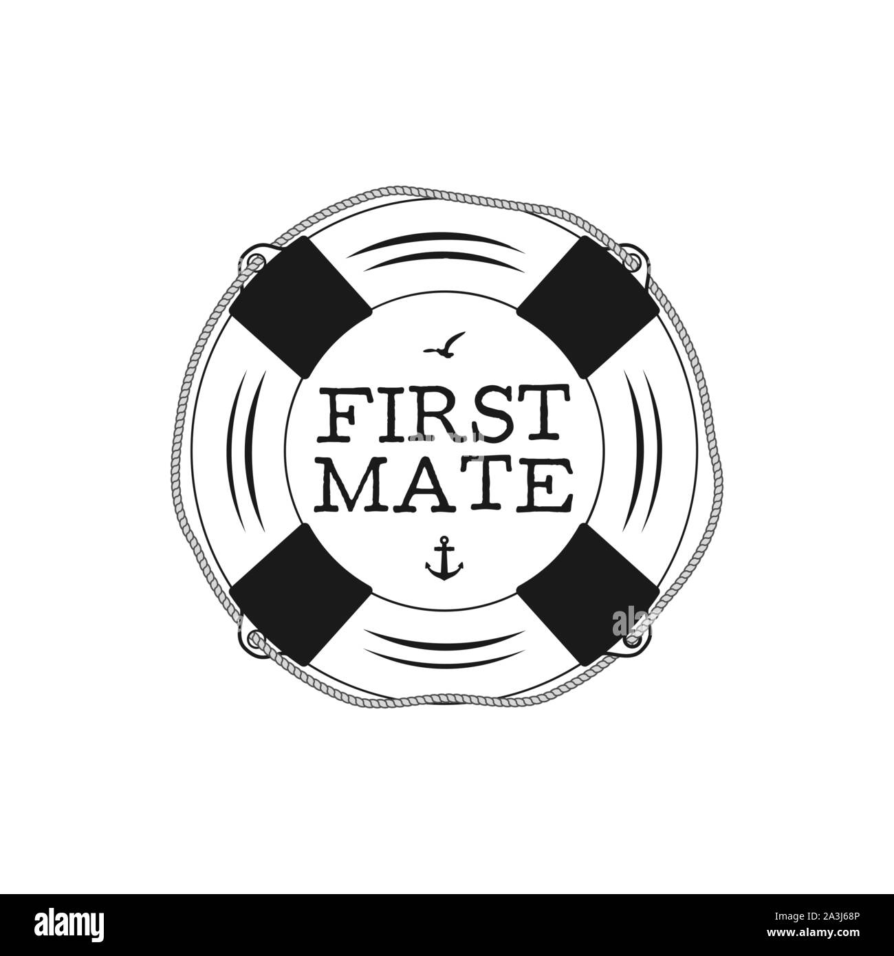 Nautischen stil Vintage Print Design für T-Shirts, Logos oder Markenzeichen. Erster Maat Typografie mit Möwe und Anker. Marine Emblem, Meer und Ozean Style T-Stück Stock Vektor