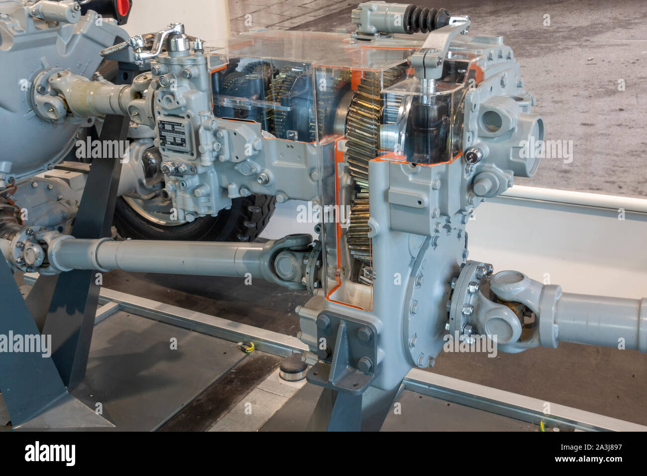 Schnittmodell eines ZF Getriebe (5 S 110 GPA) im Deutschen Museum Verkehrszentrum (Deutsch Transport Museum), München, Deutschland. Stockfoto