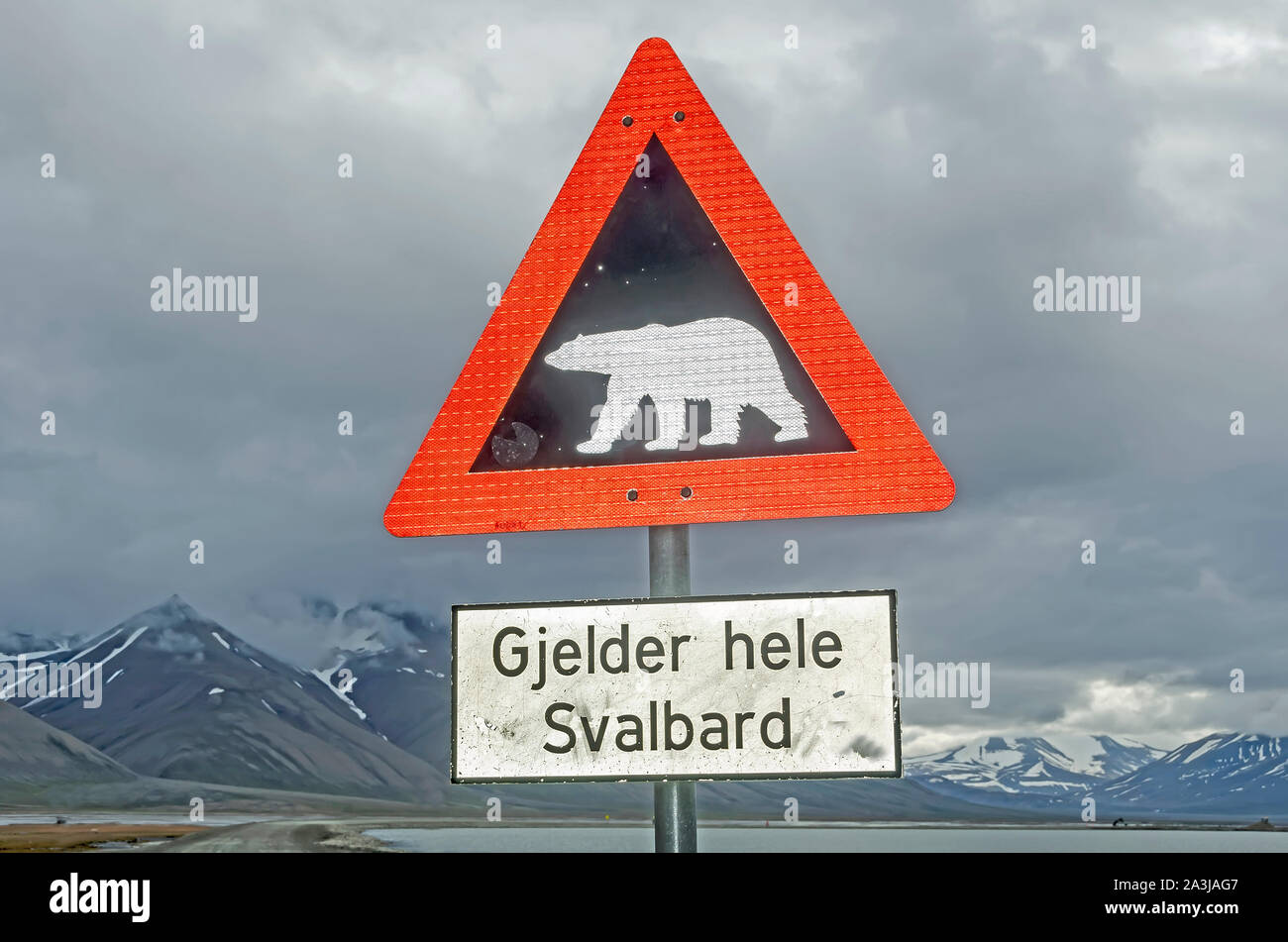 Polar Bear Warnzeichen für alle von Spitzbergen, Longyearbyen, Norwegen Stockfoto