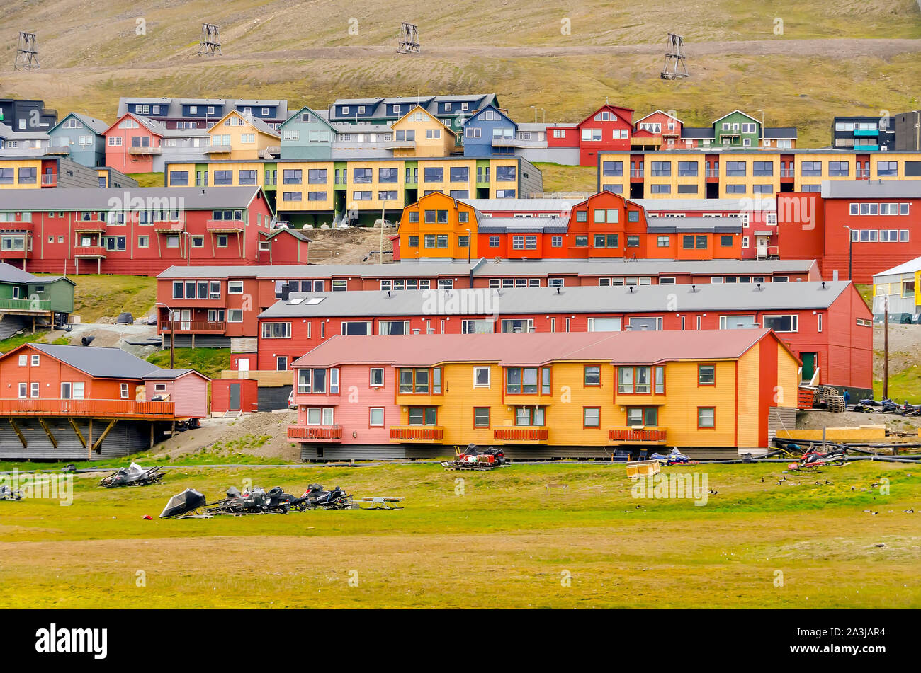 Gehäuse Unterkünfte in Longyearbyen, Svalbard, Norwegen, die nördlichste Siedlung der Welt Stockfoto
