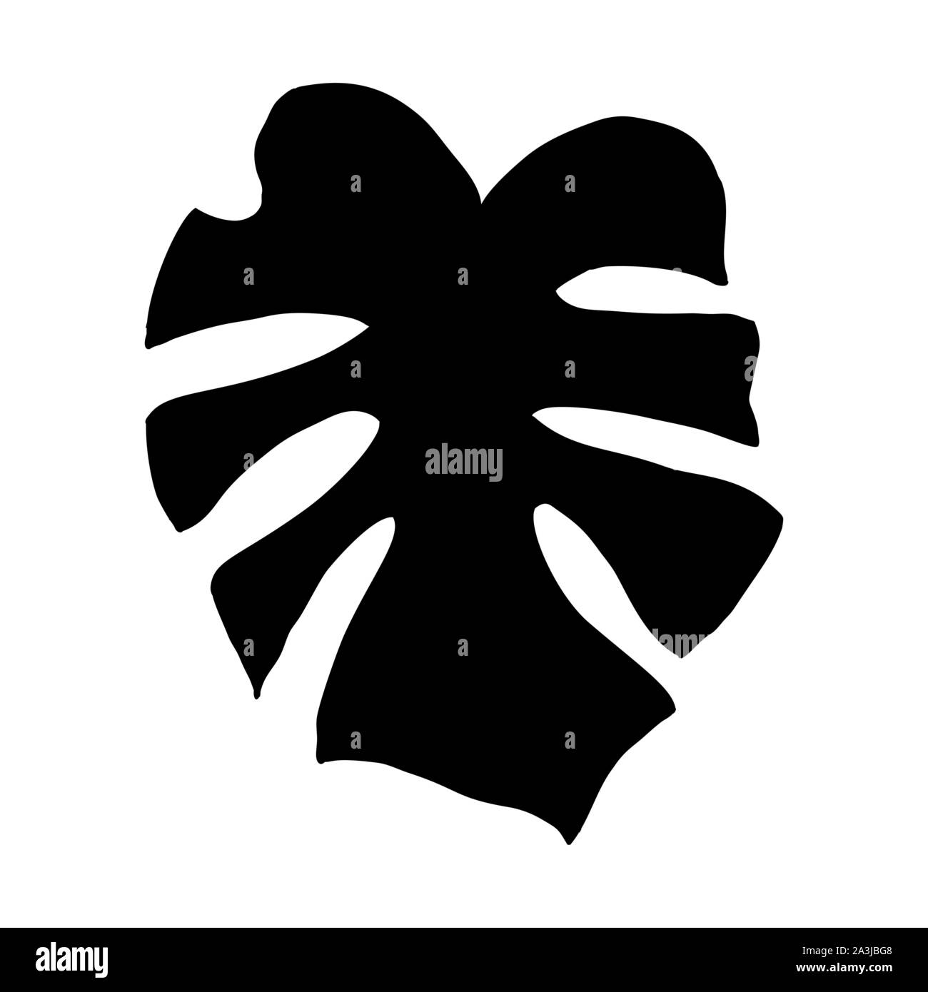 Monstera Laub silhouette Vector Illustration. Exotischen pflanze Blatt schwarzes Symbol. Tropischen Dschungel, immergrünen Regenwald Flora. Exotischen Pflanze leafage minimalistischen Schriftzug auf weißem Hintergrund Stock Vektor