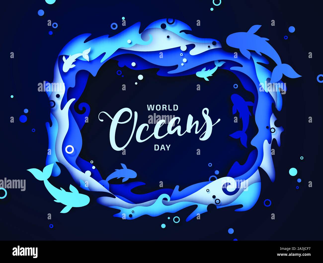 Welttag der Ozeane, Papier kunst Global feiern gewidmet zum Schutz und zur Erhaltung der Weltmeere, Problem der Wasser Kunststoff Umweltverschmutzung, Ökologie. Poster Stock Vektor