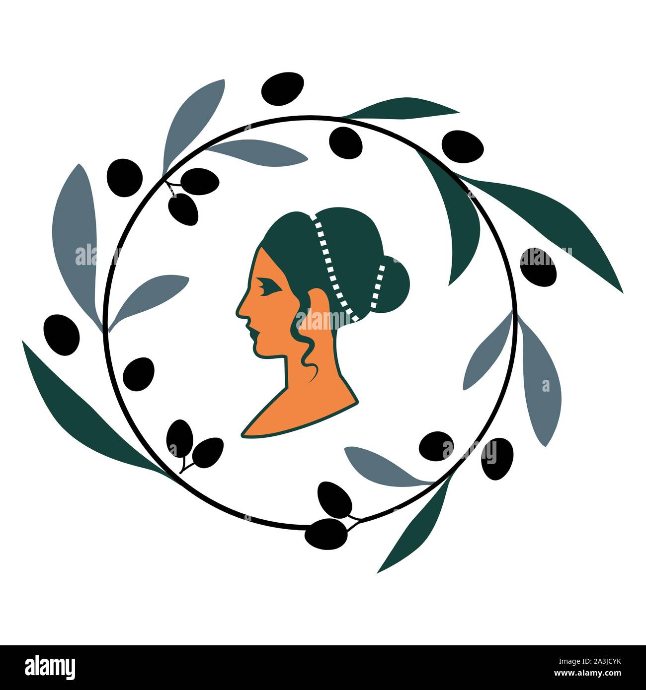 Girlande aus olivenblätter Umgebung das Gesicht einer Frau im Stil der alten Zivilisationen des Mittelmeerraums Stock Vektor