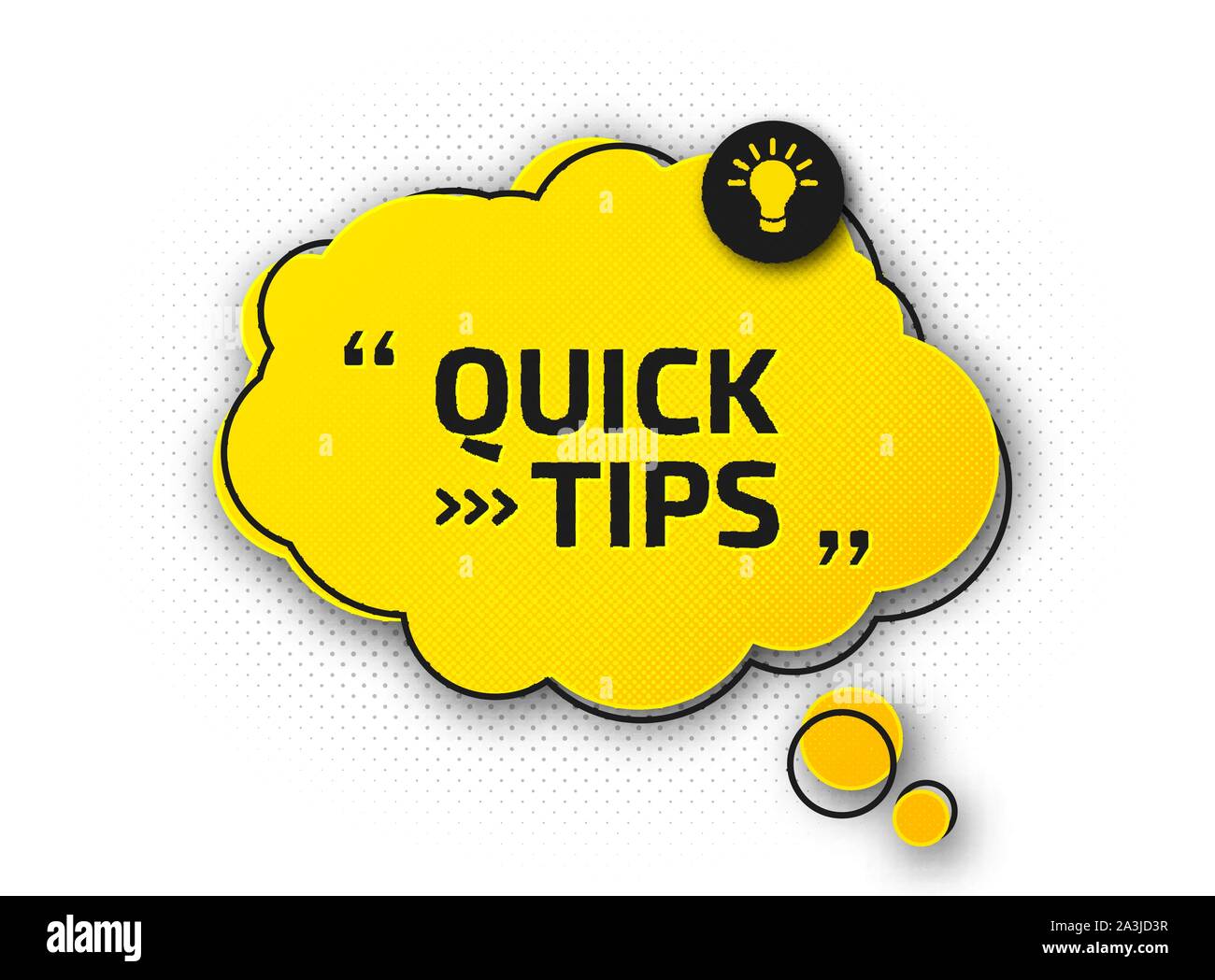Sprechblase mit kleiner Tipp. Hilfreiche Tricks mit nützlichen Informationen für Website oder Blog. Schwarz-Gelbes Banner mit Text und zitieren. Vektor icon Stock Vektor