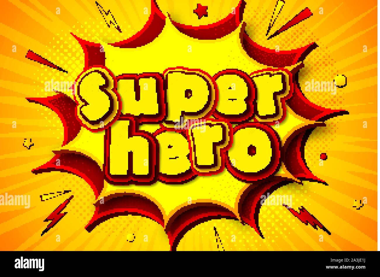 Cartoon Comic Buch Superhelden. Plakat im Pop Art Stil mit Sprechblasen, Multilayer lustige Briefe, Halbton und Soundeffekte auf gelb gestreiften Bac Stock Vektor