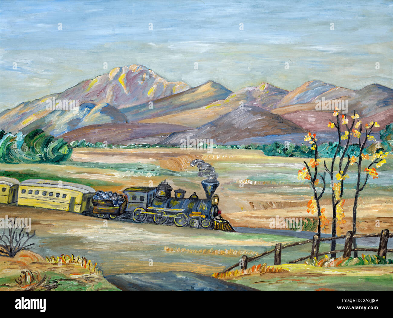 Naive Malerei der alten westlichen Dampflok durch eine bergige und ariden Landschaft reisen. Stockfoto