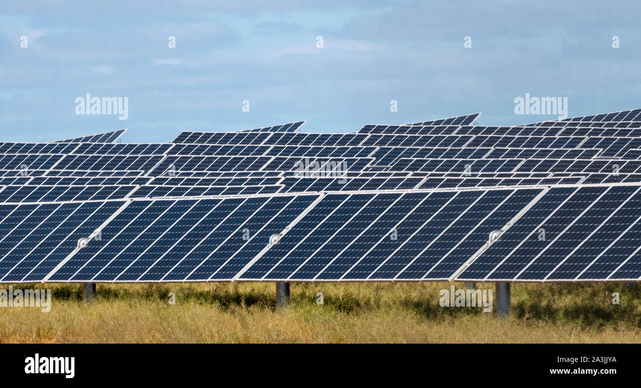 Wemen Solar Farm, eine Einachsige Nachführung Installation von 110 MW Spitzenleistung, in NW-Victoria, Australien Stockfoto