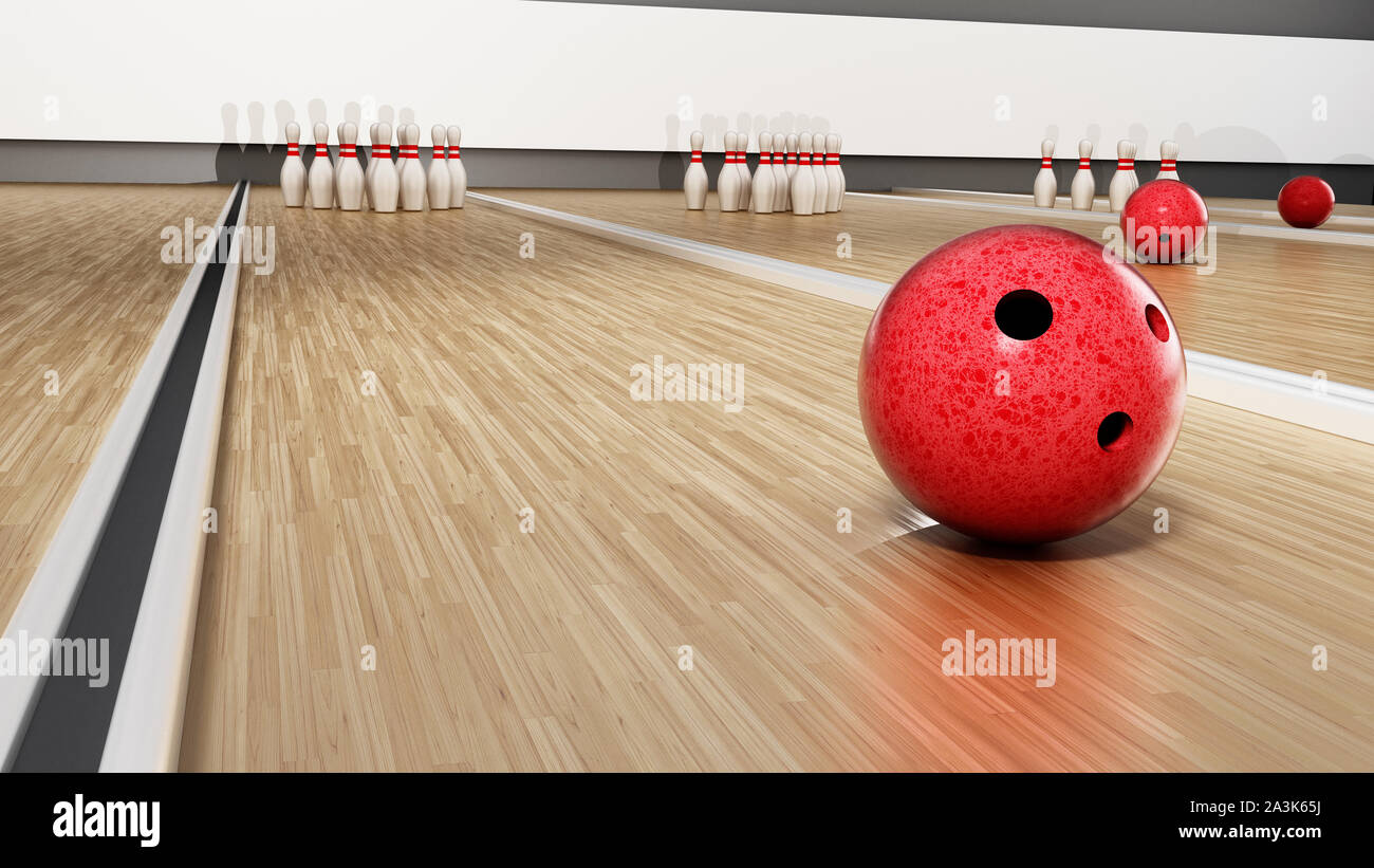 Bowling Pins und roten Bowling Ball stehend auf Holz- Oberfläche. 3D-Darstellung. Stockfoto