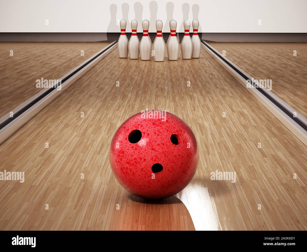 Bowling Pins und roten Bowling Ball stehend auf Holz- Oberfläche. 3D-Darstellung. Stockfoto