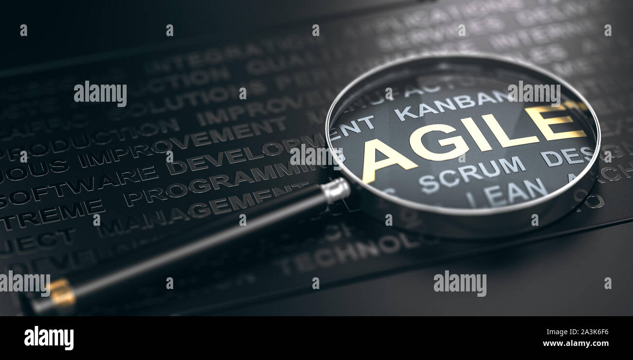 3D-Darstellung der vielen Worte über schwarzen Hintergrund und eine Lupe mit Fokus auf das Wort agil. Stockfoto