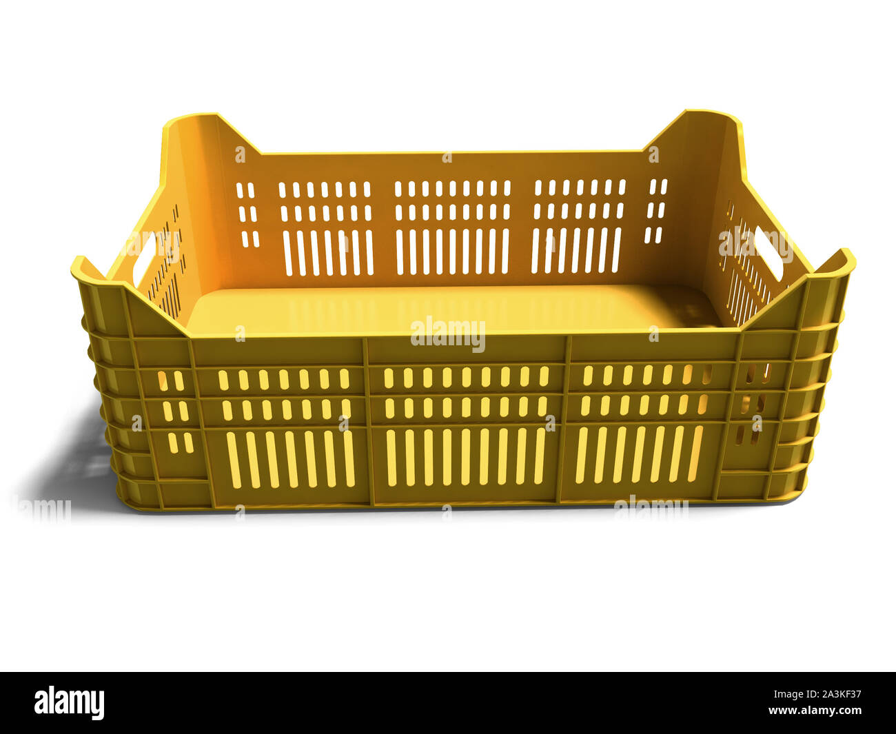 Modernes gelbes Obst Box zum Verkauf 3D-Rendering auf weißem Hintergrund mit Schatten Stockfoto