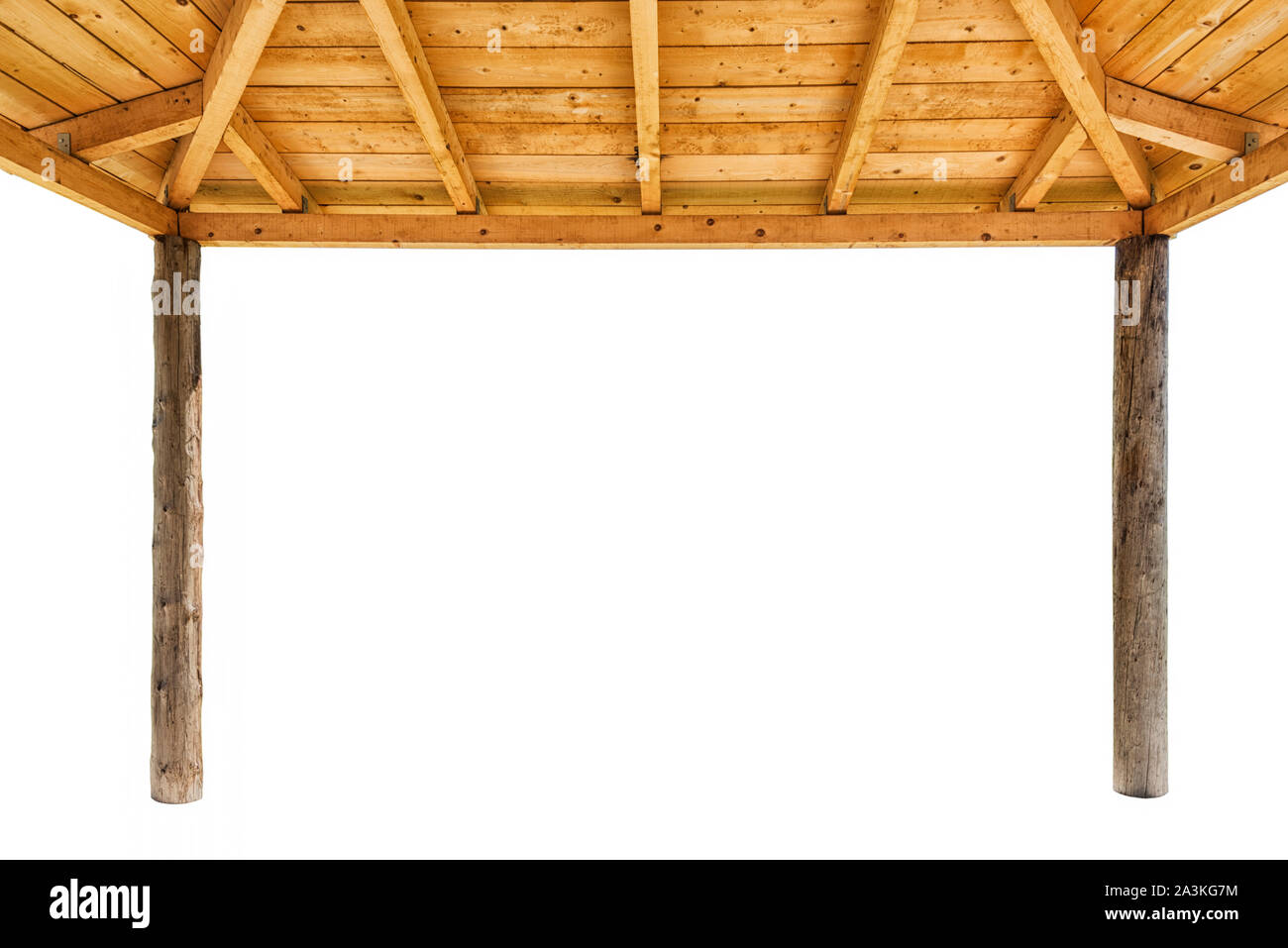 Ein Kiosk aus Holz Dach wie von unten es auf Weiß isoliert gesehen Stockfoto