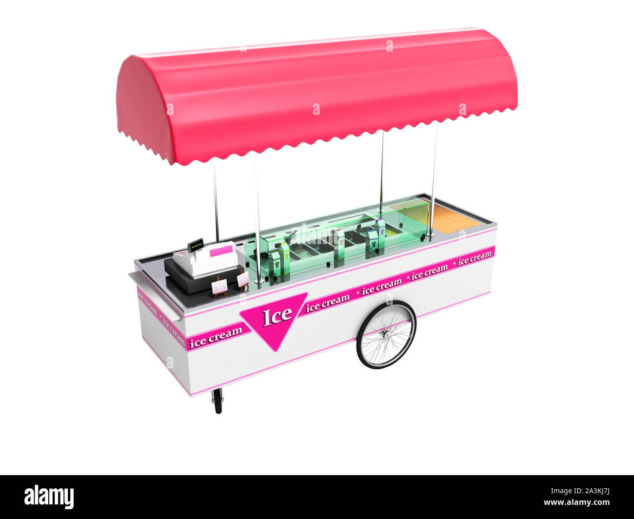 Moderne pink portable Kühlschrank zum Verkauf von Speiseeis auf der Straße die perspektivische Ansicht 3D-Render auf weißem Hintergrund kein Schatten Stockfoto