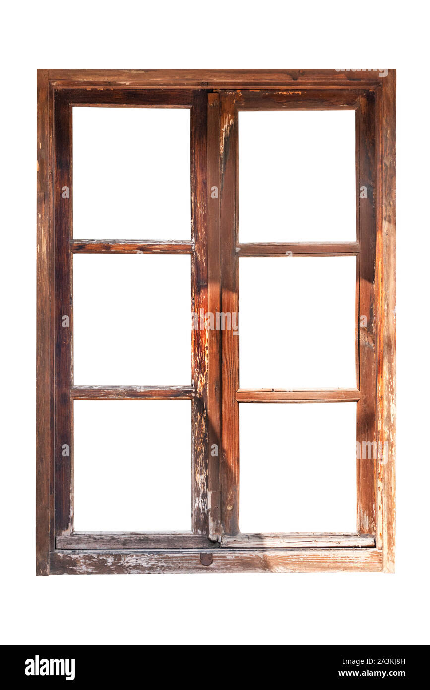 Ein Bild von einem alten Holz- Fenster auf weißem Hintergrund Stockfoto
