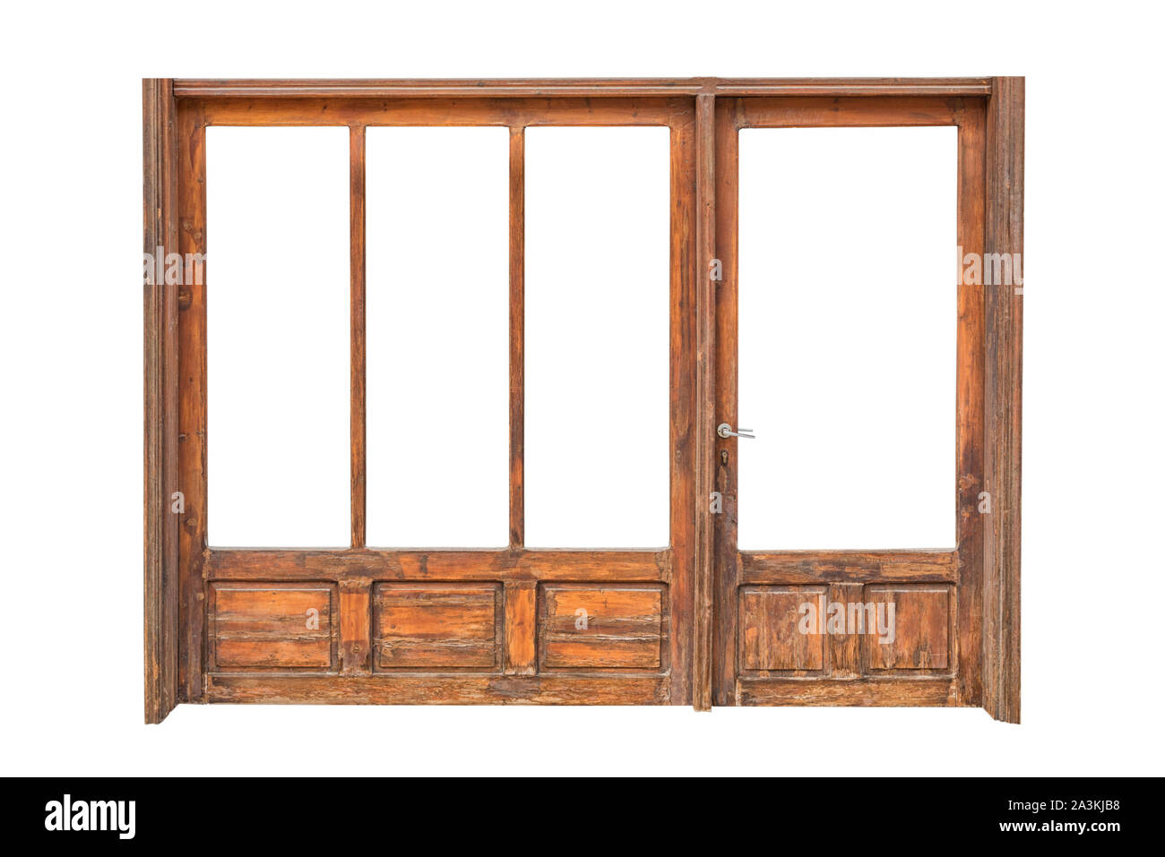 Der Holzrahmen eines Store Front auf weißem Hintergrund Stockfoto