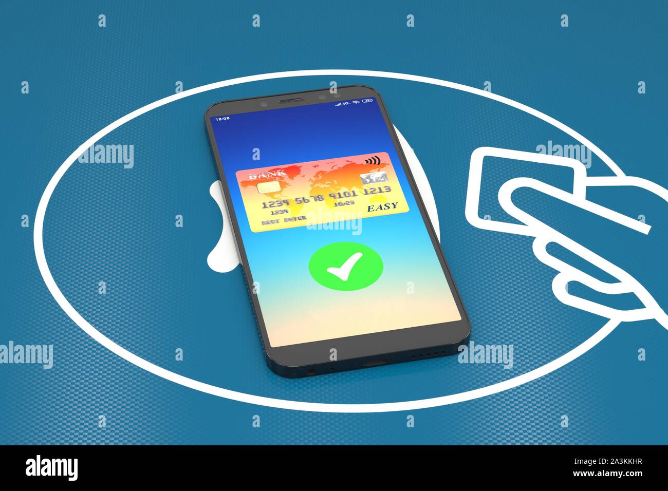 3D-Illustration: die Technologie der drahtlosen Zahlung der Käufe. Orange Kreditkarte auf Mobiltelefon mit einem grünen Häkchen bestätigen Stockfoto
