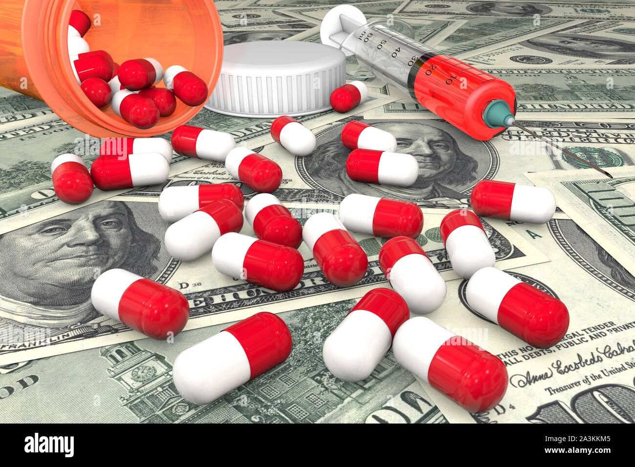 3D-Illustration: Helle farbige medizinische Pillen sind verstreut auf US Dollar Banknoten aus einem Orange transparent Medizin Flasche. Mit roten sol Spritze. Stockfoto