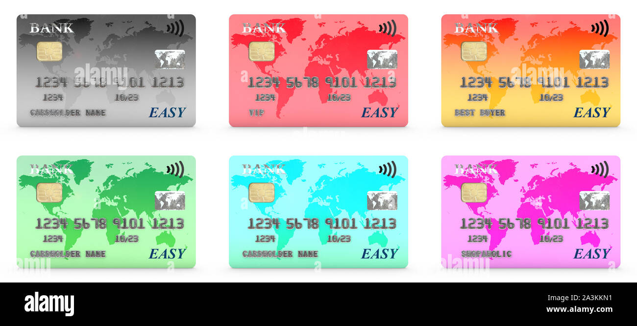 3D-Illustration: Satz von sechs bunte Kreditkarten mit einem elektronischen Chip mit Wireless Payment symbol ohne Angabe der Marke und die Namen Stockfoto
