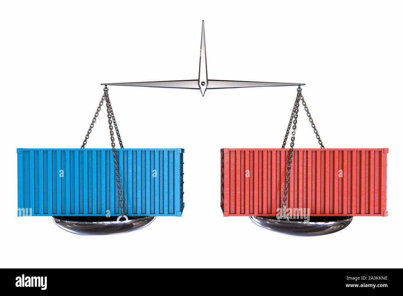 3D-Illustration: Vintage Skalen mit roten und blauen Cargo Container. Auf weissem Hintergrund. Wirtschaftlichen Gleichgewichts. Handelskrieg. Politisches Motiv. Stockfoto