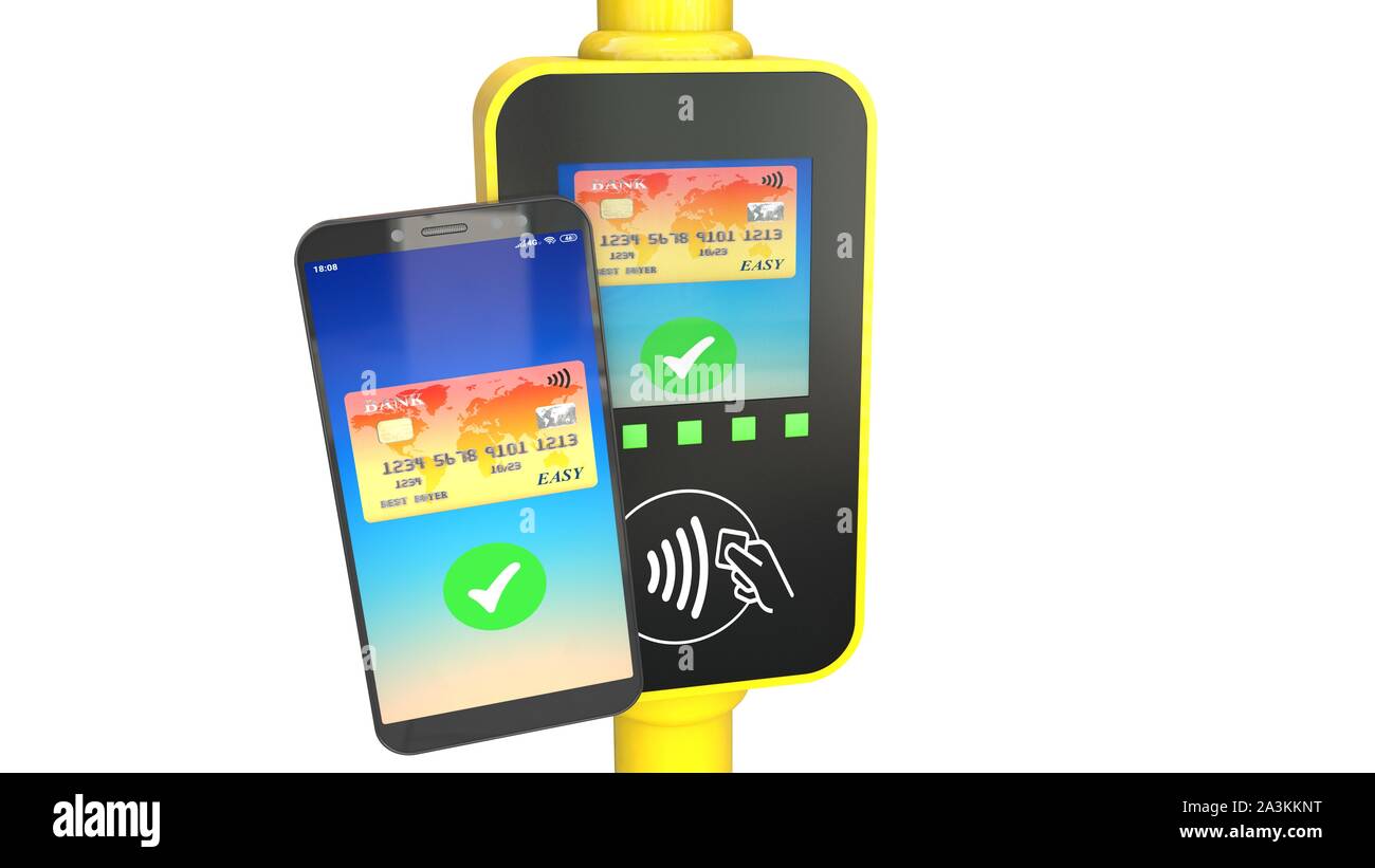 3D-Illustration: Elektronische Prüfung der öffentlichen Verkehrsmittel Fahrpreis. Kontaktlose Wireless Payment via Handy mit tethered Bankkarte. Stockfoto