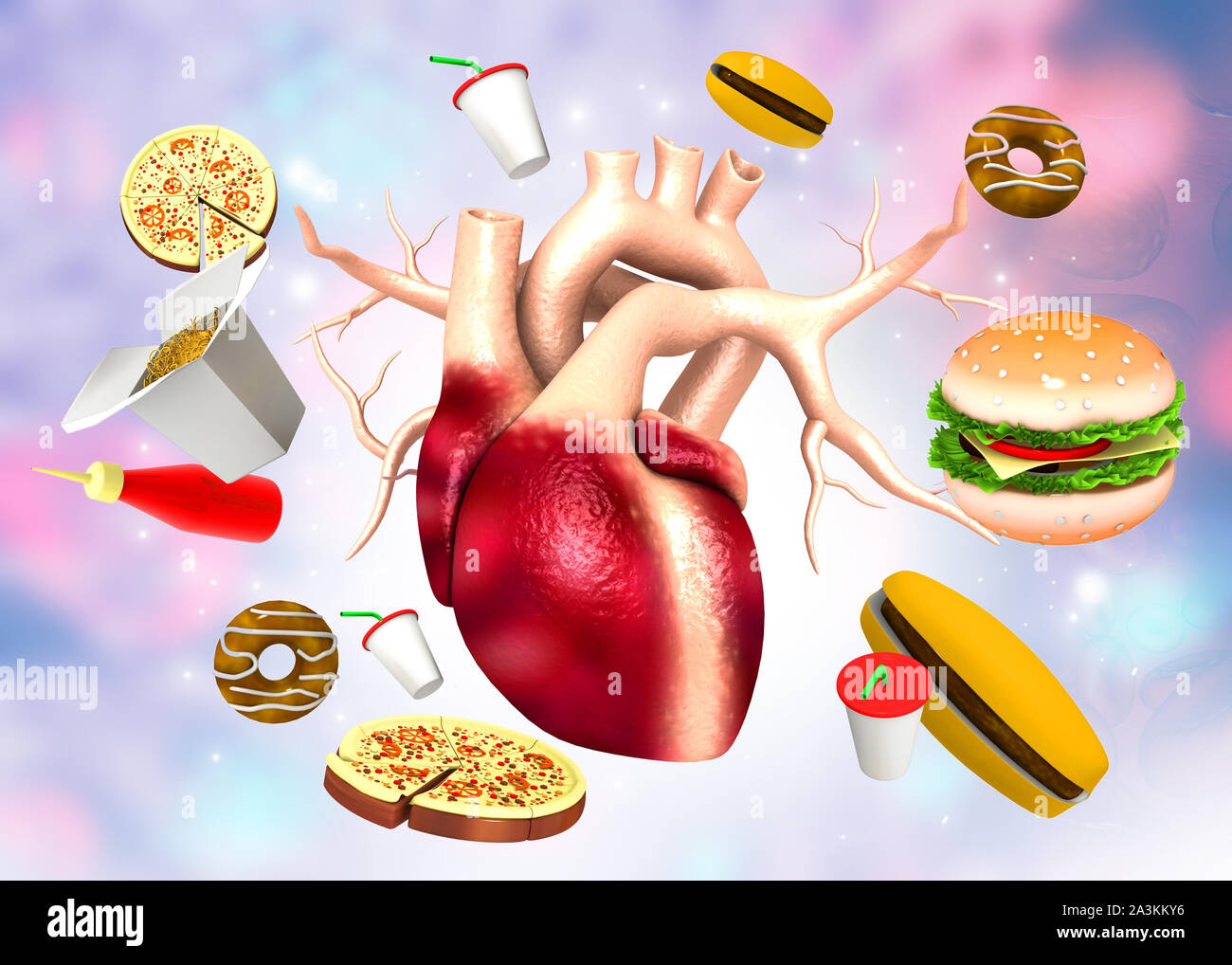 Menschliche Herz Anatomie mit Fast Food. Ungesunde Ernährung Konzept. 3D-Darstellung Stockfoto