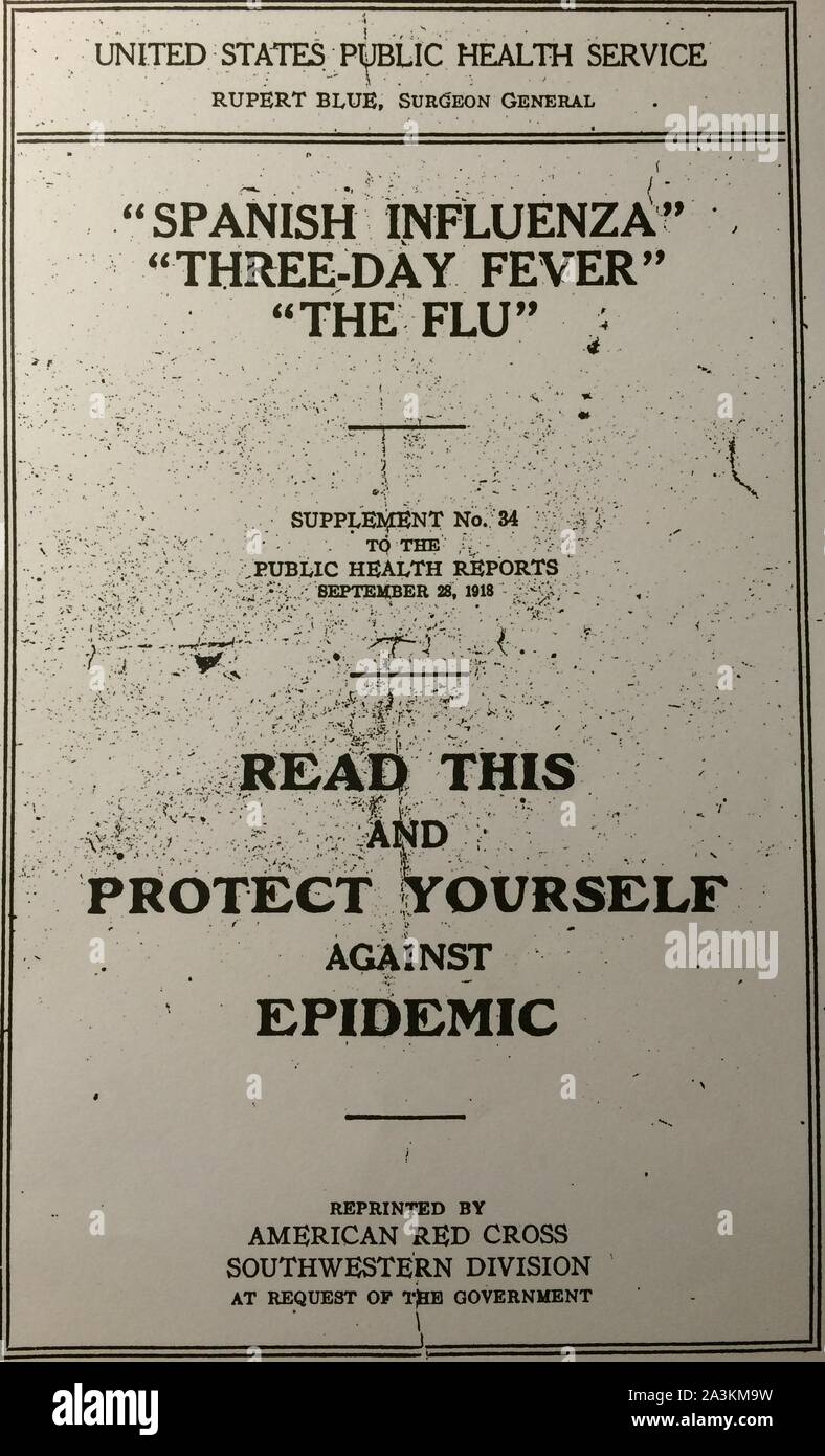 1918-1919. Eine Epidemie der "Spanischen Grippe" rund um die Welt ausbreiten. Mindestens 20 Millionen starben, obwohl einige Schätzungen der endgültigen Abgabe auf 50 Mio. geschätzt. Es wird geschätzt, dass zwischen 20 Prozent und 40 Prozent der Bevölkerung der ganzen Welt krank wurde Stockfoto